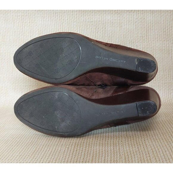 Trendy Brown Suede Leather Antonio Milano Wedge Boots Booties Zip Buckle Size 8 - Picture 11 of 13